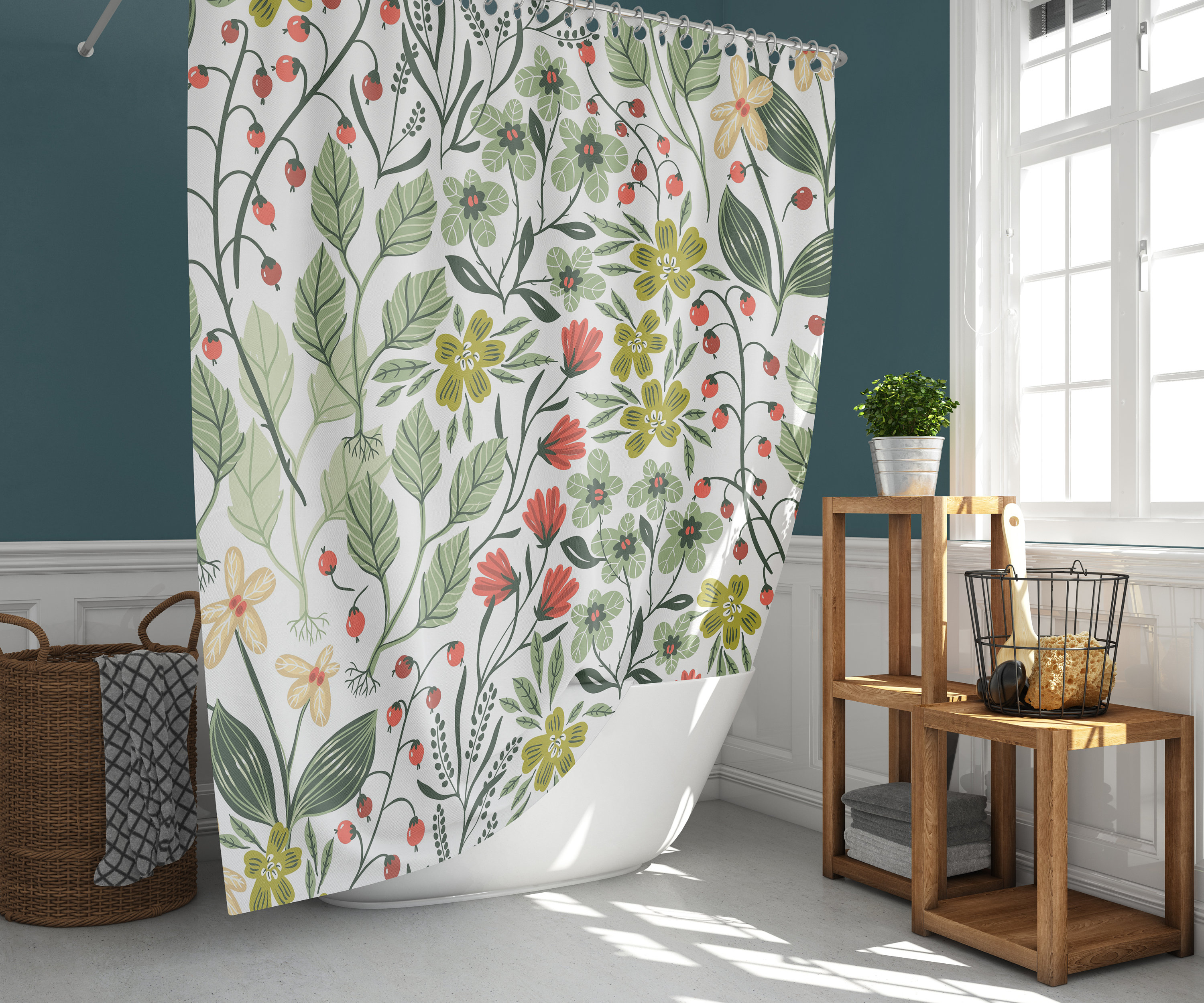 Botanical Leaves Shower Curtain | Flowers Green Garden Summer Berries | Waterproof Fabric Curtain
