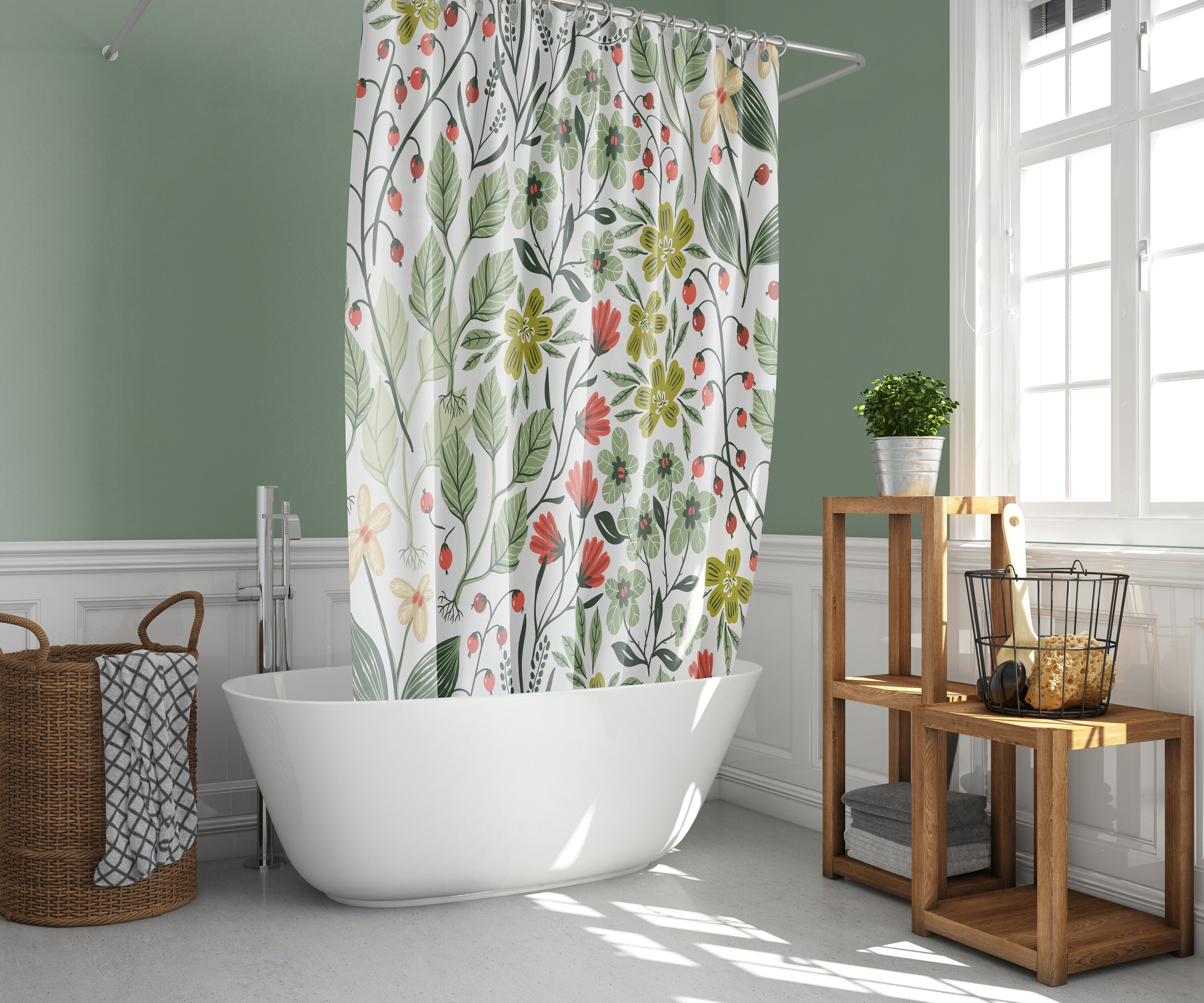 Botanical Leaves Shower Curtain | Flowers Green Garden Summer Berries | Waterproof Fabric Curtain - Image 2
