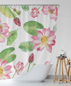 Botanical Lotus Shower Curtain | Waterproof Fabric | Floral Pattern | Bathroom Decor