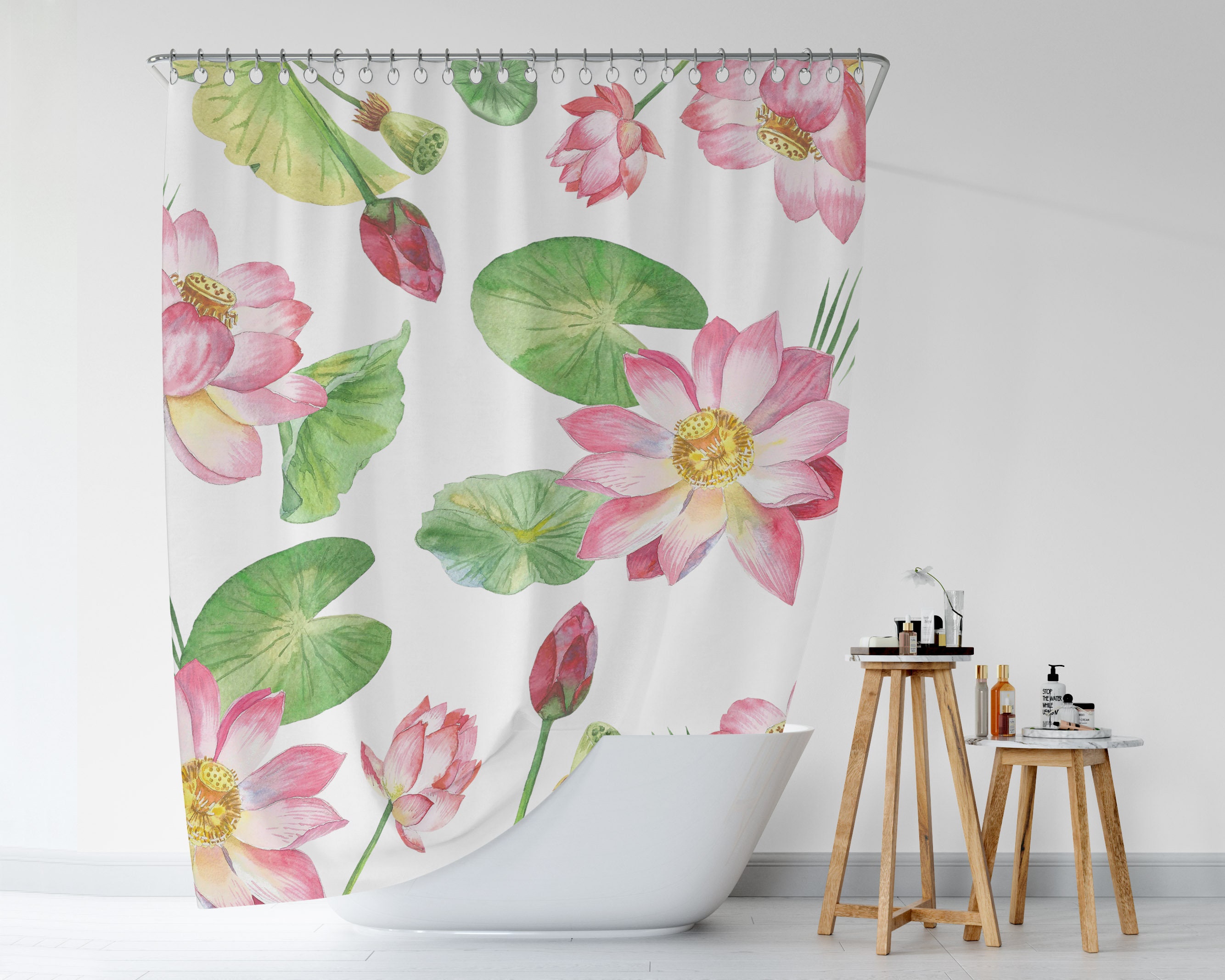 Botanical Lotus Shower Curtain | Waterproof Fabric | Floral Pattern | Bathroom Decor