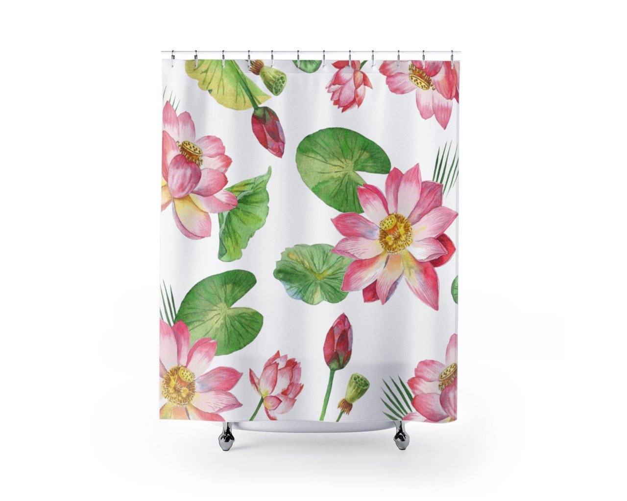 Botanical Lotus Shower Curtain | Waterproof Fabric | Floral Pattern | Bathroom Decor - Image 2