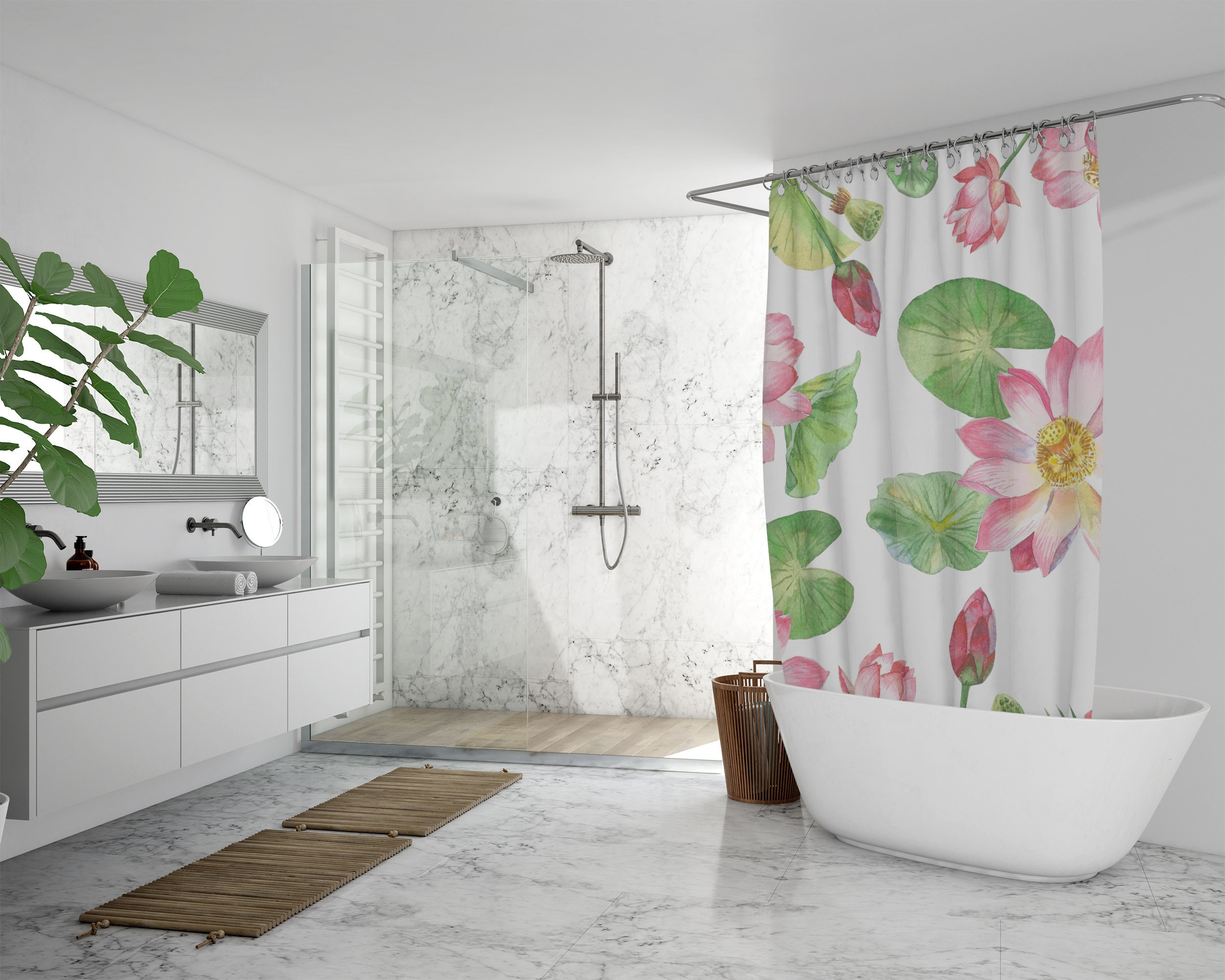 Botanical Lotus Shower Curtain | Waterproof Fabric | Floral Pattern | Bathroom Decor - Image 3