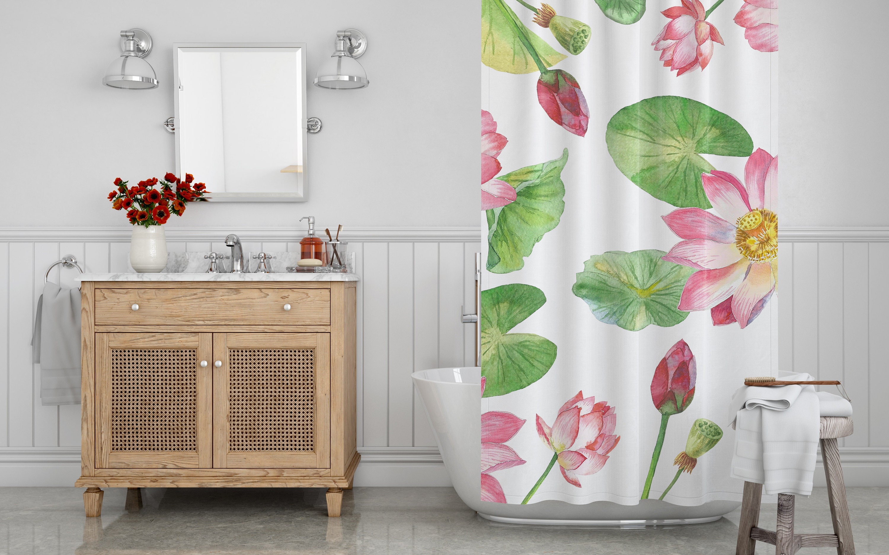 Botanical Lotus Shower Curtain | Waterproof Fabric | Floral Pattern | Bathroom Decor - Image 4