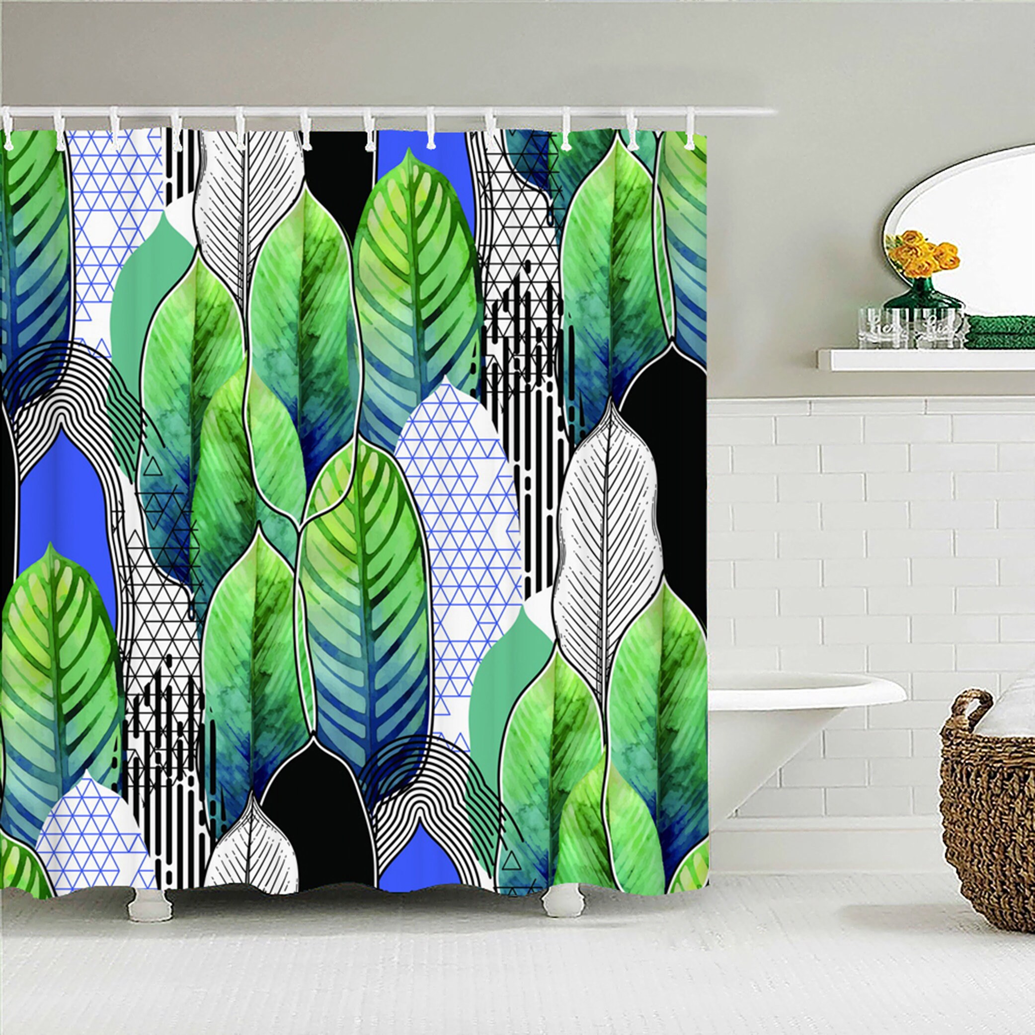 Botanical Tropical Graphic Green Blue Leaves Vintage Shower Curtain, Fabric Bath Curtain, Home Bathroom Decor