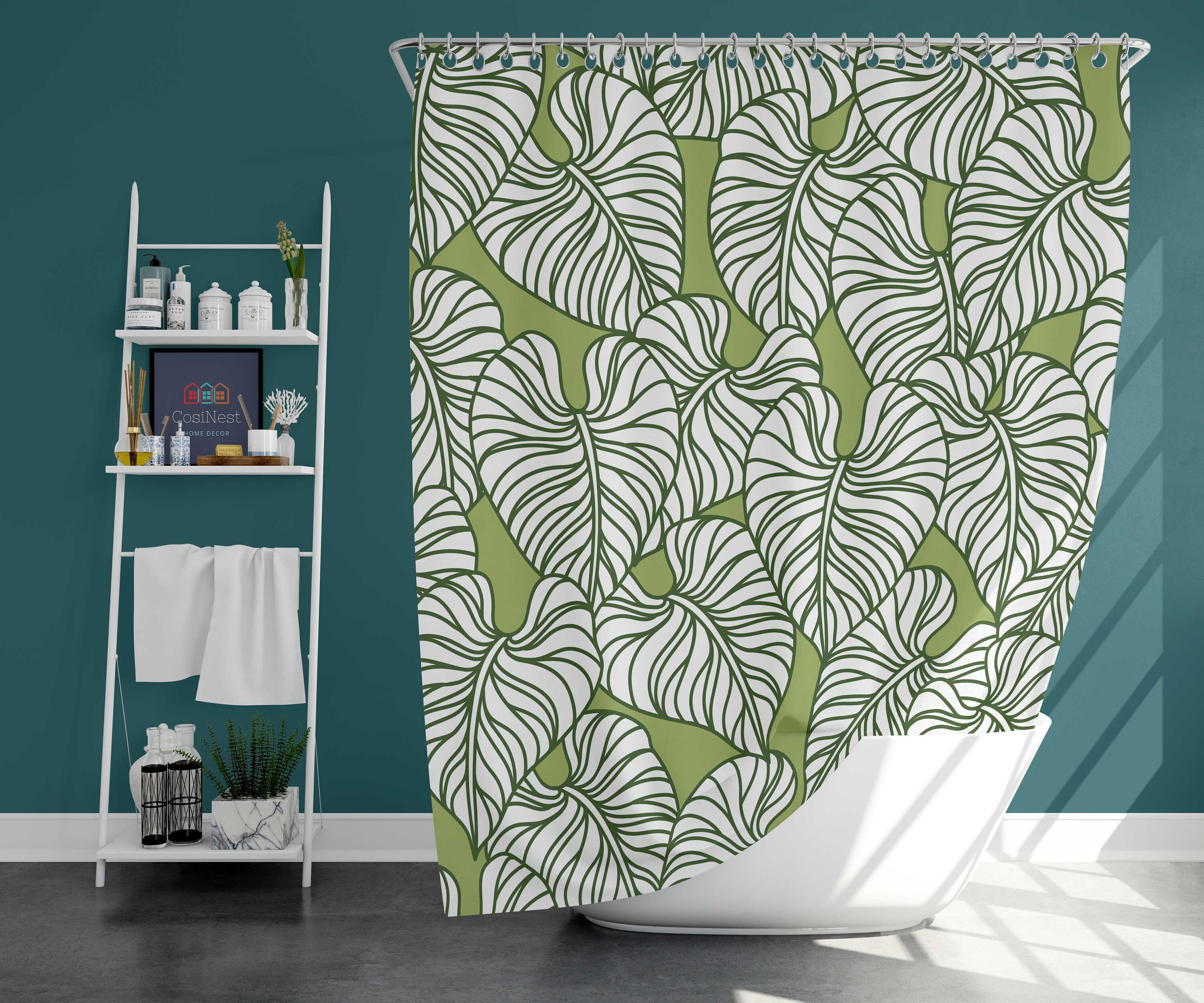 Botanical tropical Monstera plant Shower Curtain | Green leaves Bath Decor | Waterproof Fabric Shower mat Curtains