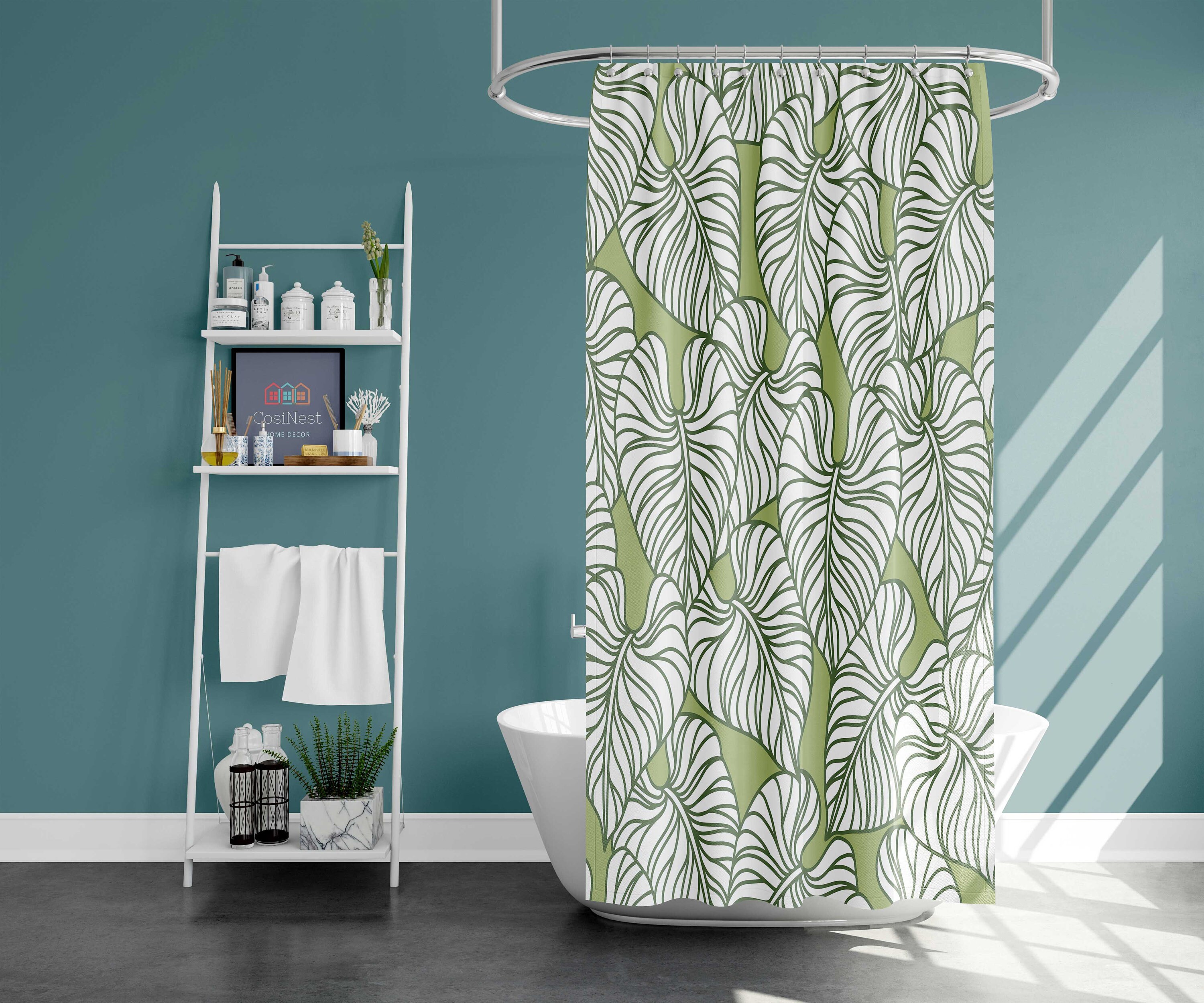 Botanical tropical Monstera plant Shower Curtain | Green leaves Bath Decor | Waterproof Fabric Shower mat Curtains - Image 2