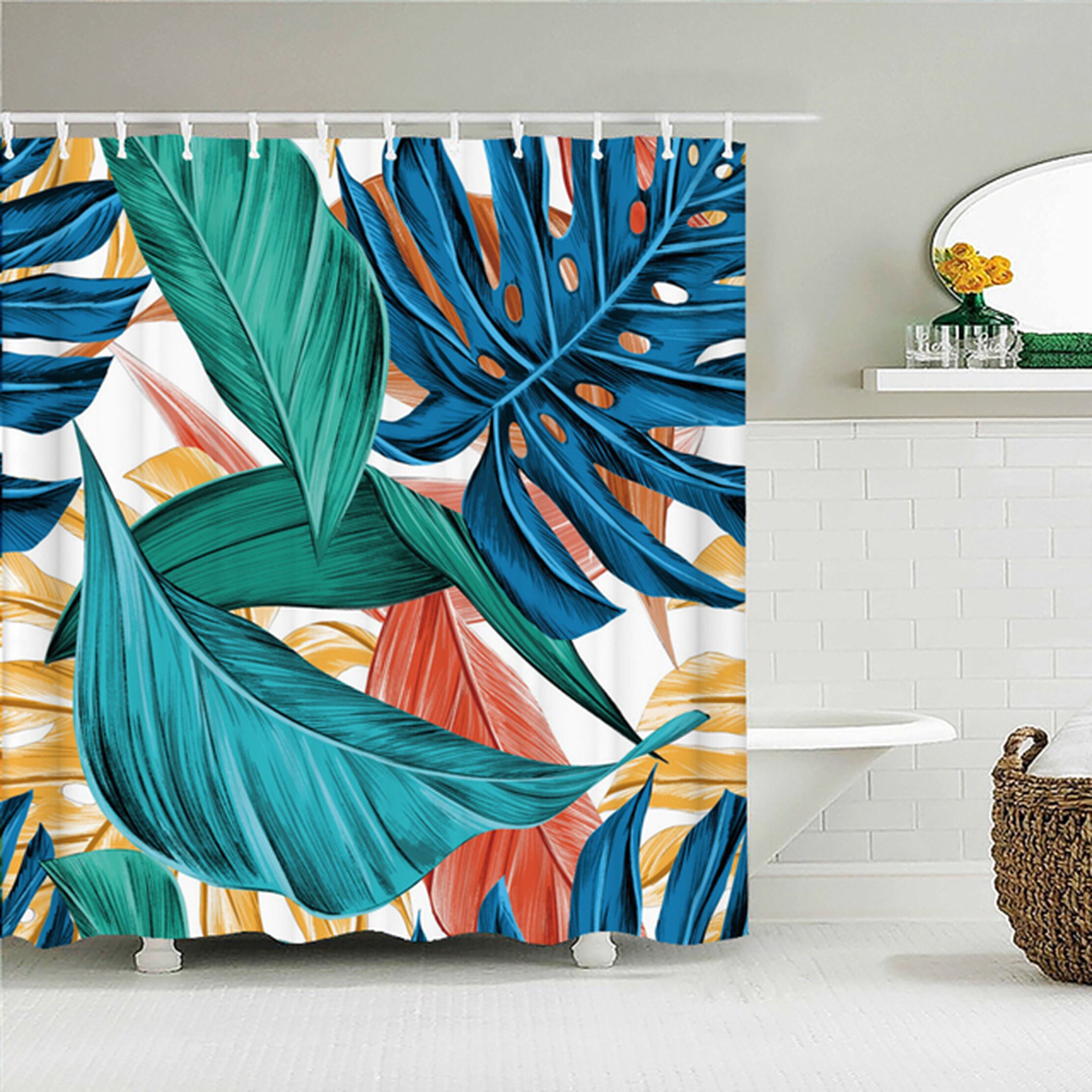 Botanical tropical blue green forest Shower Curtain | Colorful palm leaves fabric Bath Curtain