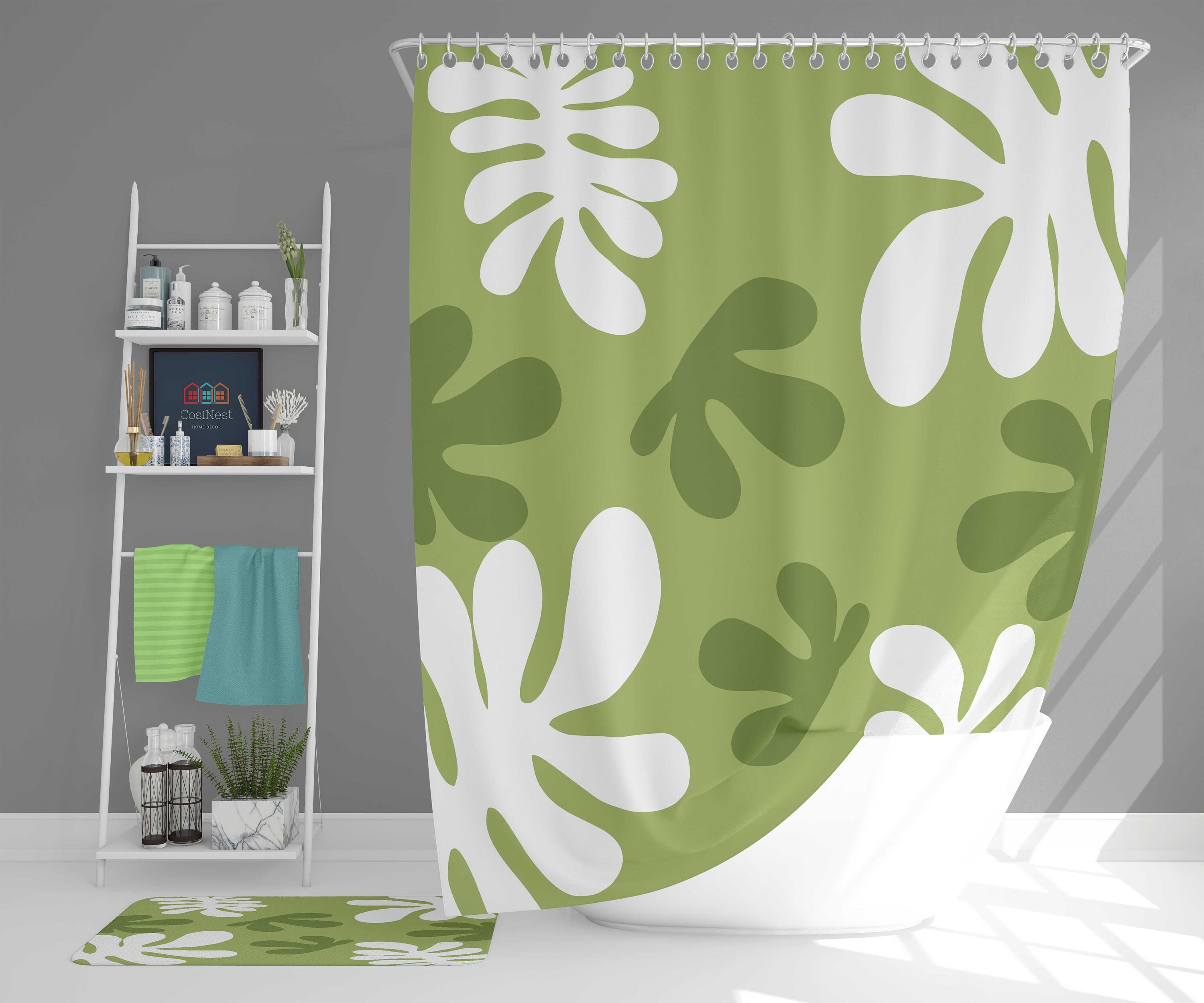 Botanical tropical forest tree Shower Curtain | Green white Leaves pattern fabric | Bathroom Curtain & Mat
