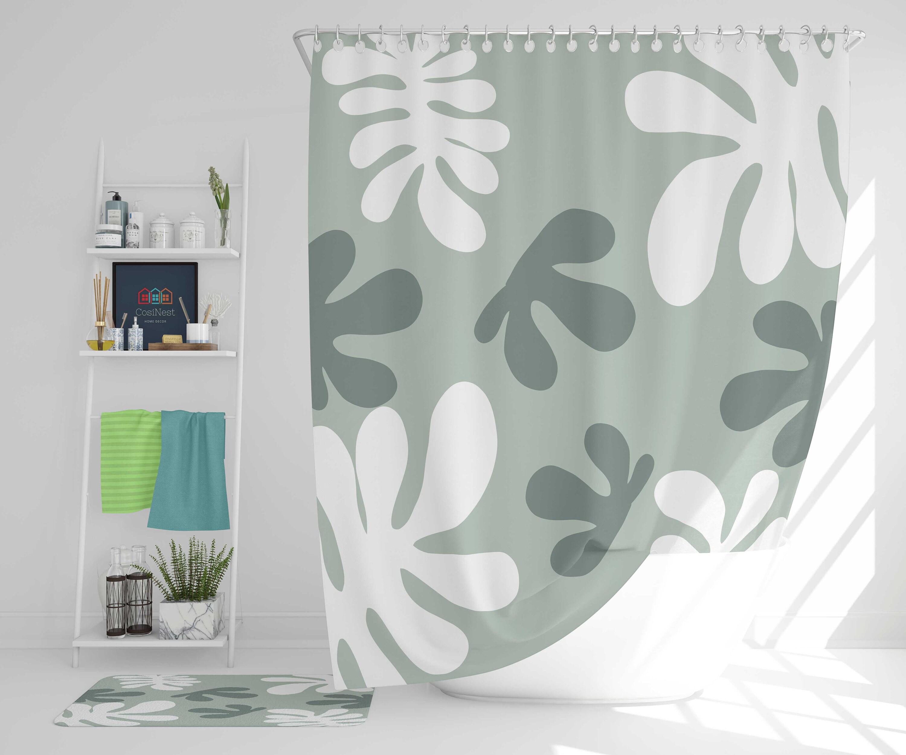 Botanical tropical forest tree Shower Curtain | Green white Leaves pattern fabric | Bathroom Curtain & Mat - Image 2