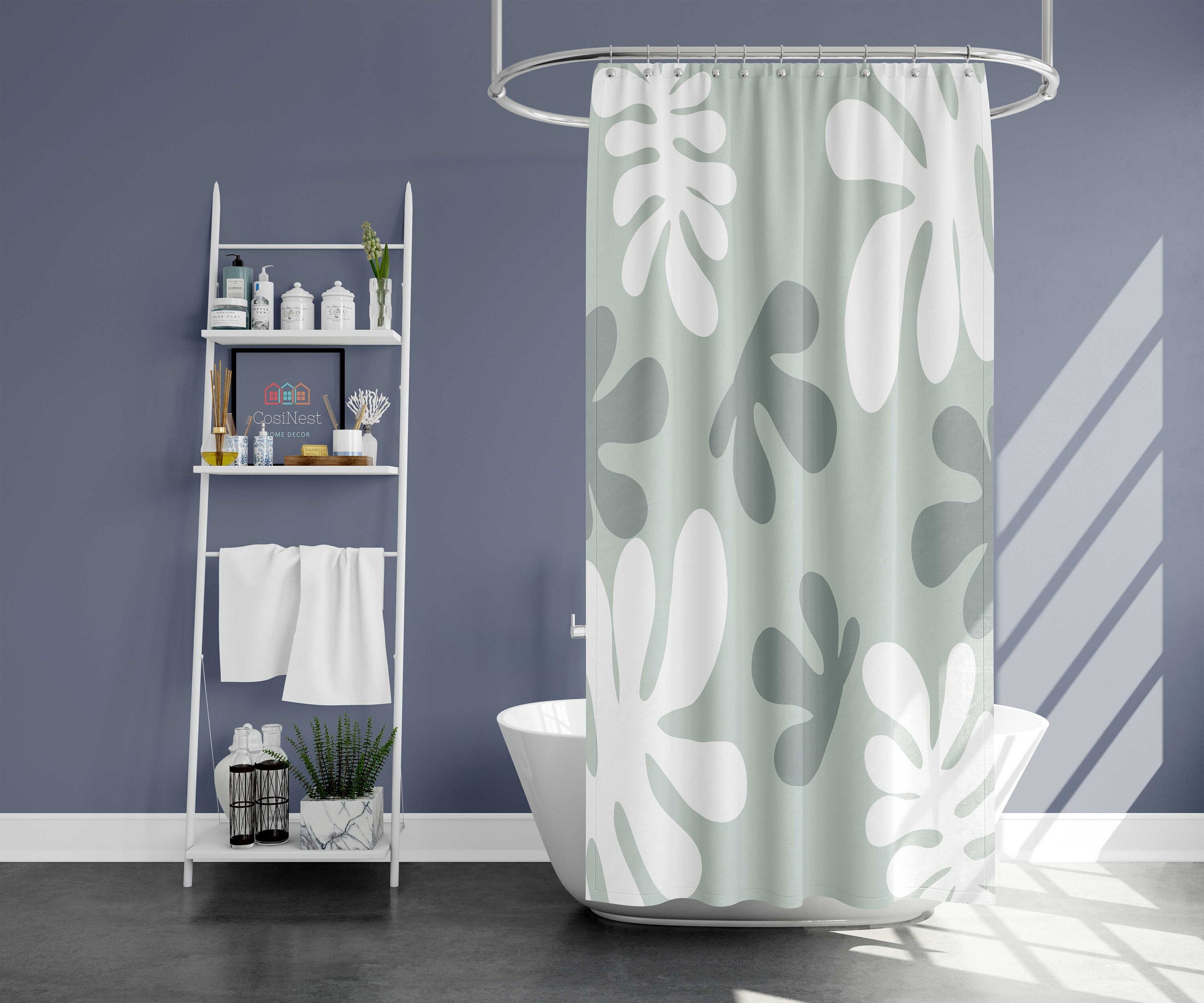 Botanical tropical forest tree Shower Curtain | Green white Leaves pattern fabric | Bathroom Curtain & Mat - Image 3