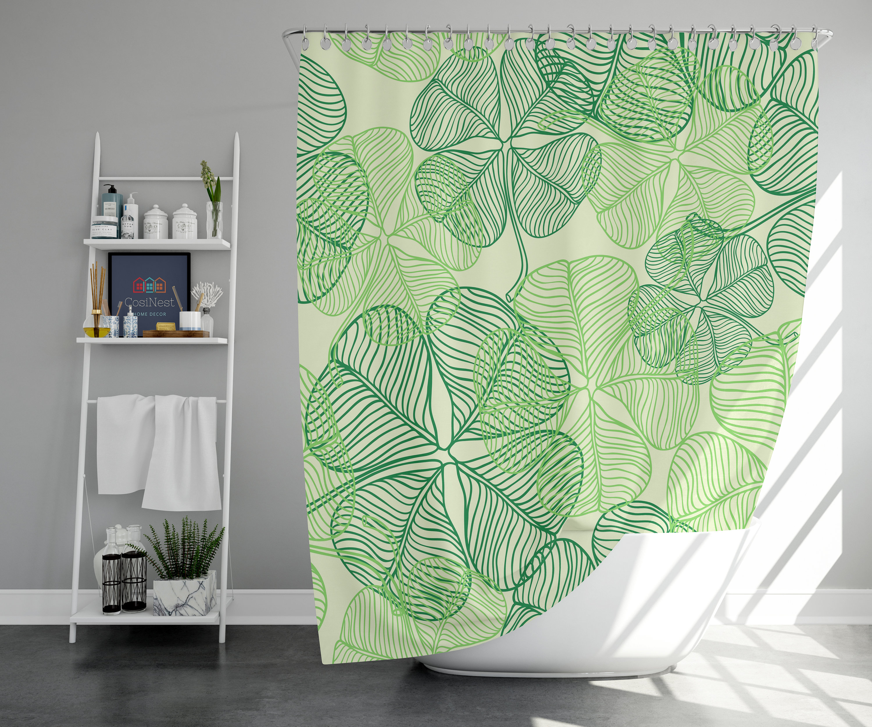 Botanical tropical leaves Shower Curtain | Green lucky clover fabric Bathroom Curtain | Home bath mat decor accessories