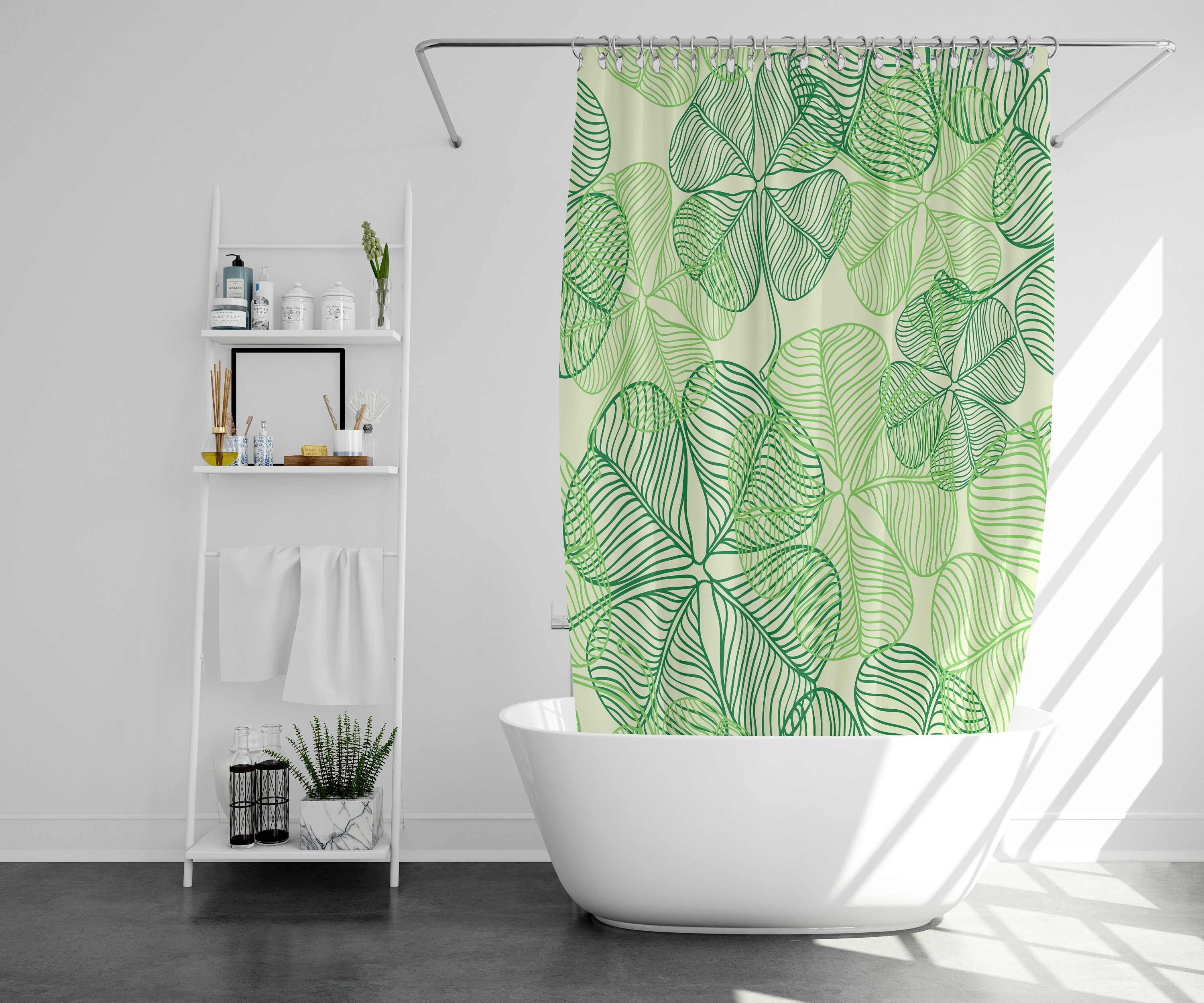 Botanical tropical leaves Shower Curtain | Green lucky clover fabric Bathroom Curtain | Home bath mat decor accessories - Image 2