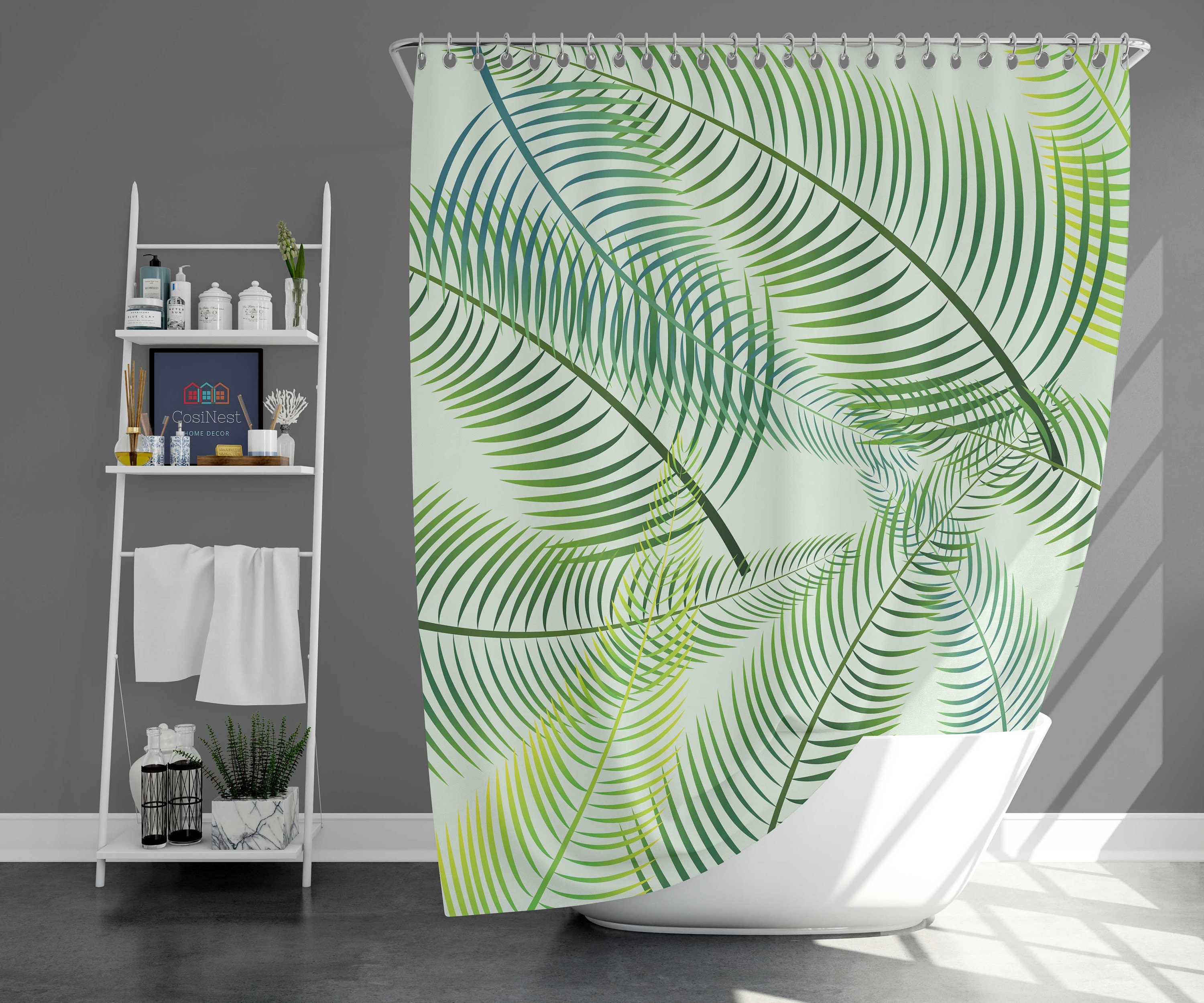 Botanical tropical trees leaf Shower Curtain | Green palm leaves fabric Bathroom Curtain | Home bath decor accessories