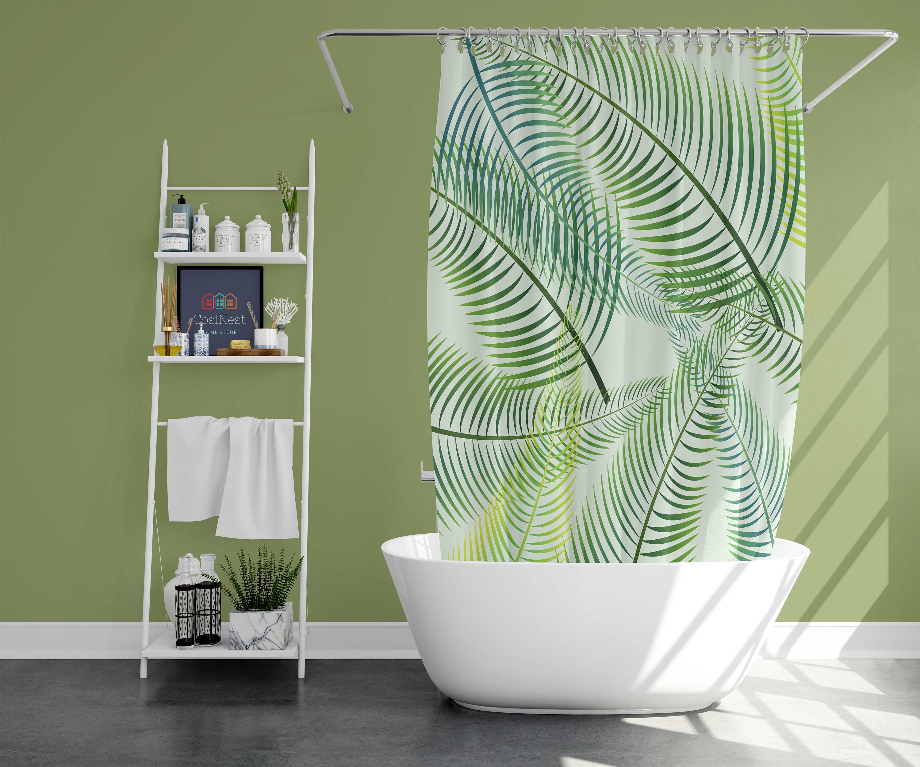 Botanical tropical trees leaf Shower Curtain | Green palm leaves fabric Bathroom Curtain | Home bath decor accessories - Image 2