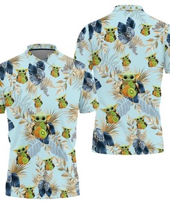 Breathable Fabric and Seamless Tropical Colorful Flowers Baby Yoda Hugging Kiwis Blue Polo Shirt
