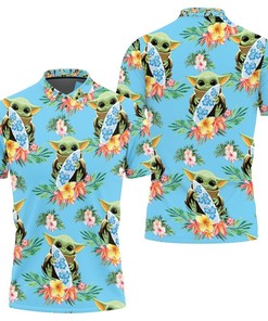 Breathable Fabric and Seamless Tropical Green Leaves Baby Yoda Hugging Surf Boards Polo Shirt with
