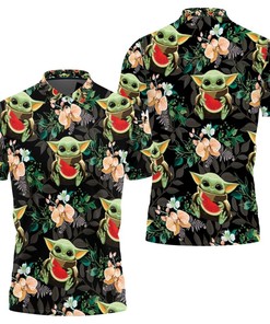 Breathable Fabric and Seamless Tropical Green Leaves Baby Yoda Hugging Watermelons Polo Shirt with Print and 3D Print.