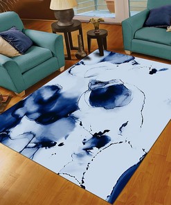 Bright Blue Ink Painting Style Area Rug with Non-Slip Backing for Sophisticated Bedroom Decor