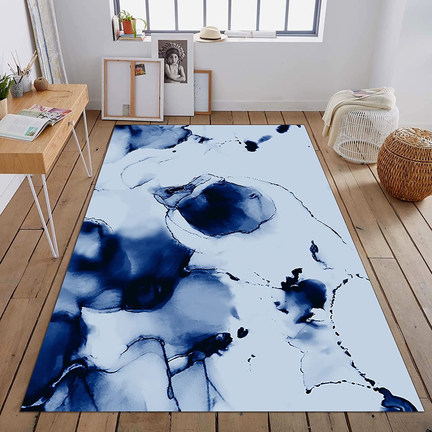Bright Blue Ink Painting Style Area Rug with Non-Slip Backing for Sophisticated Bedroom Decor - Image 2