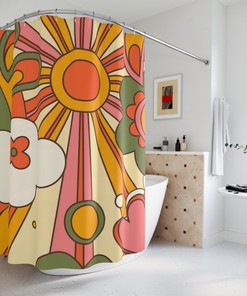 Bright Sunshine Mid Century Modern Hippie Retro Shower Curtains in Orange and Yellow with 70's Flair