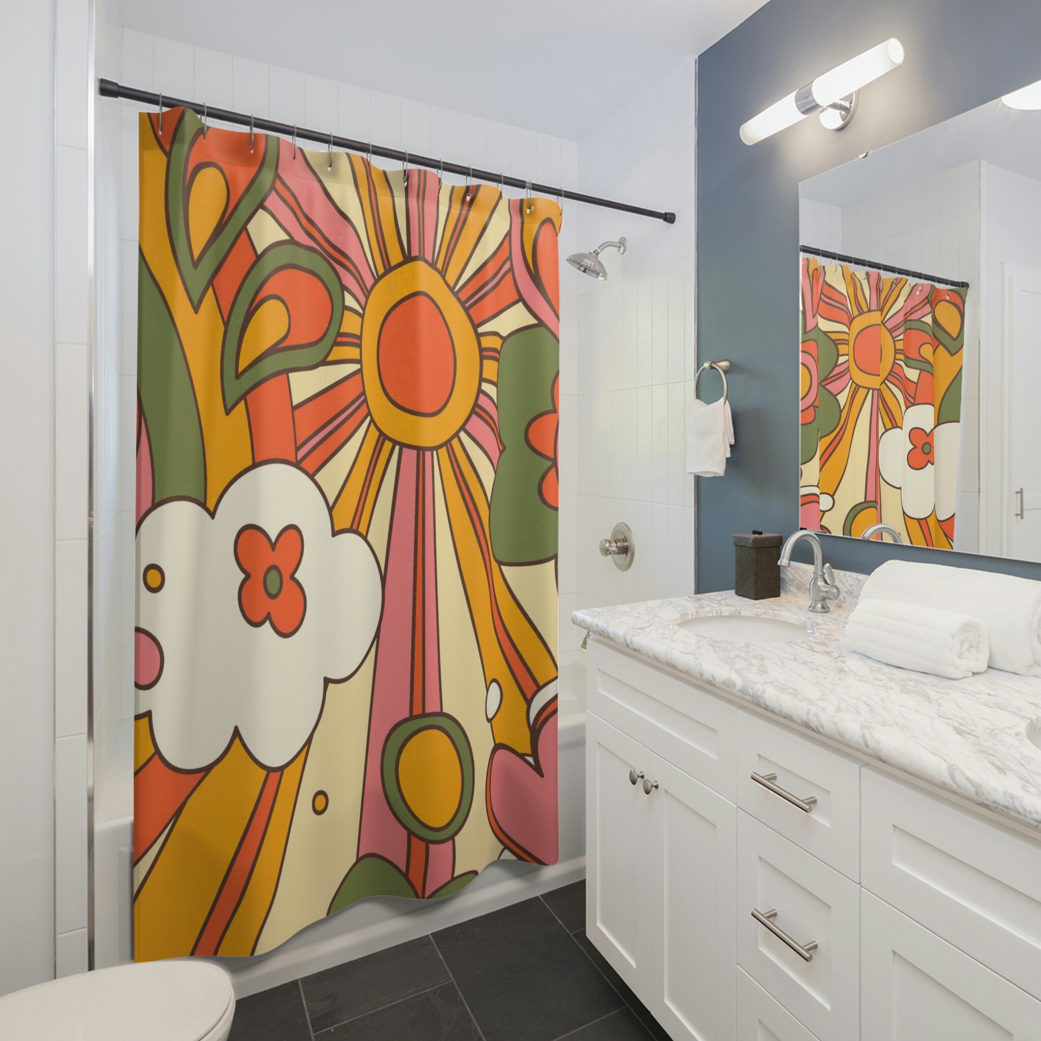 Bright Sunshine Mid Century Modern Hippie Retro Shower Curtains in Orange and Yellow with 70's Flair - Image 2