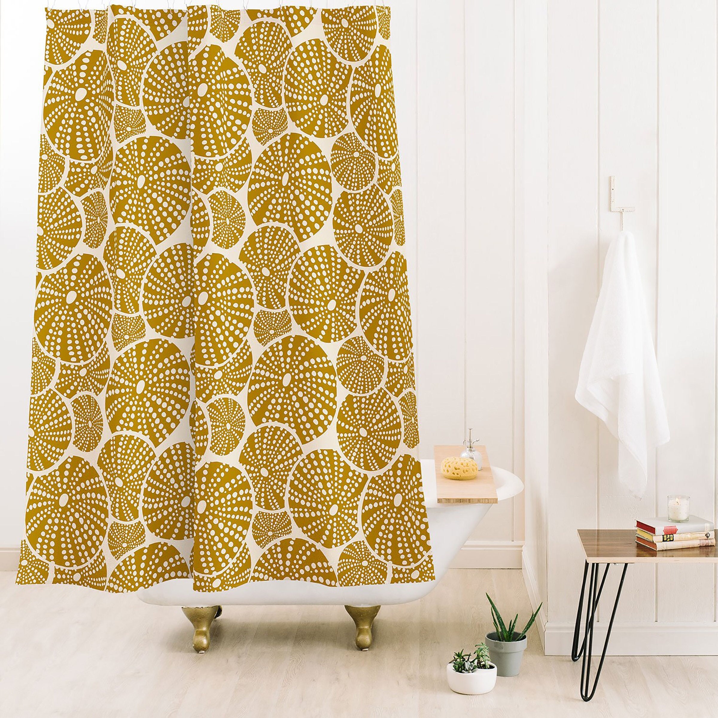 Bright Yellow Nautical Shower Curtain with Sea Urchin Design for a Fun Coastal Bathroom