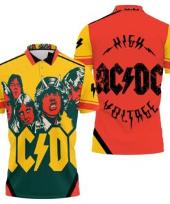 Bring a fiery red and yellow demon to your wardrobe with this AC/DC polo shirt featuring all-over print
