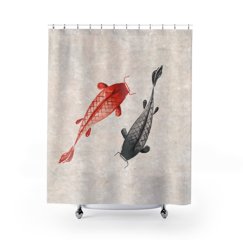 Bring a touch of Feng Shui to your bathroom with Koi Feng Shui Goldfish Pond Shower Curtain