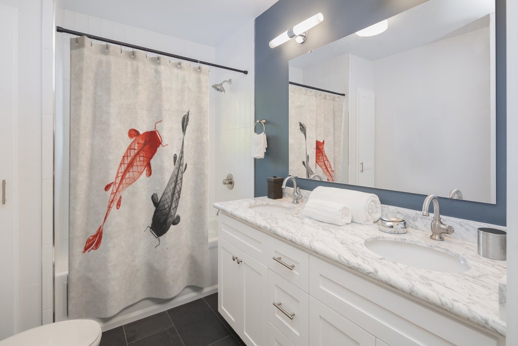Bring a touch of Feng Shui to your bathroom with Koi Feng Shui Goldfish Pond Shower Curtain - Image 2