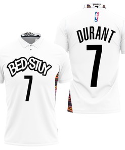 Brooklyn Nets Bed-Study Kevin Durant #7 2020 City Edition White Polo Shirt with 3D Design and All Over Print