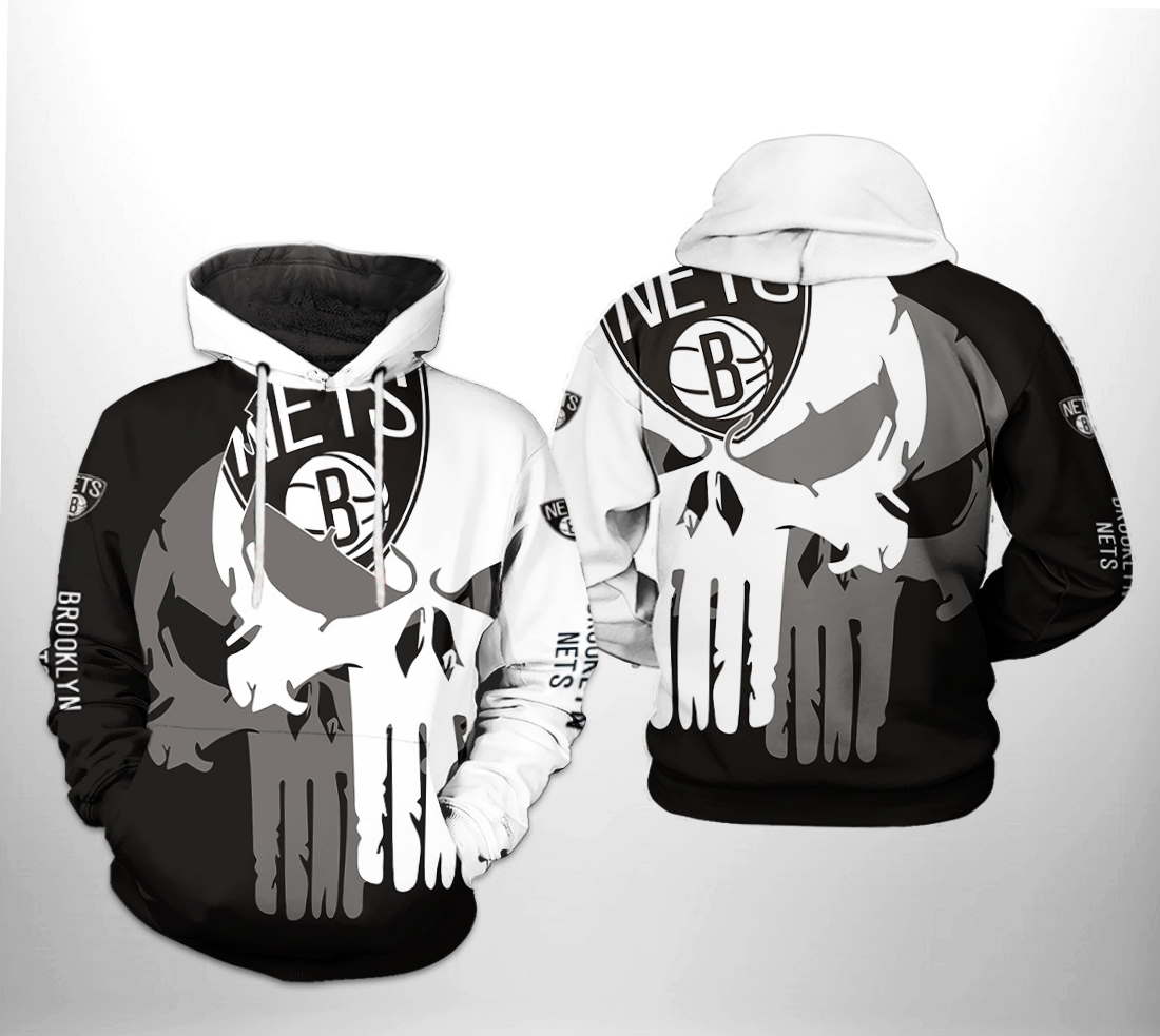 Brooklyn Nets NBA Team Skull All Over Print Hoodie
