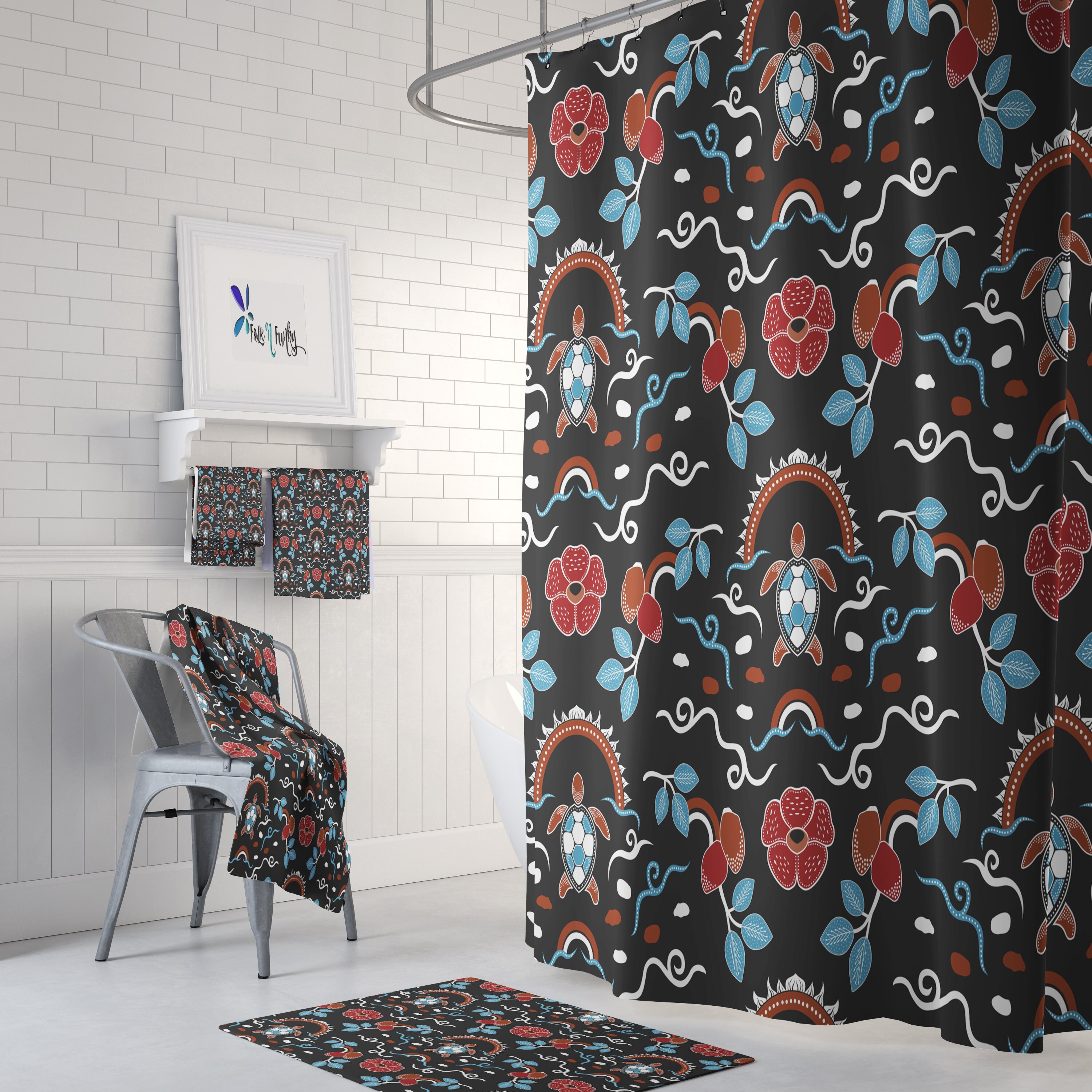 Brown Batik Turtle Disney Shower Curtain with Optional Bath Towels and Bath Mat for a Tropical Bathroom Decor