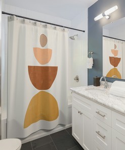 Brown Peach Rust Earth Tones Boho Shower Curtain, Modern Mid Century Bohemian Bathroom Decor Gift