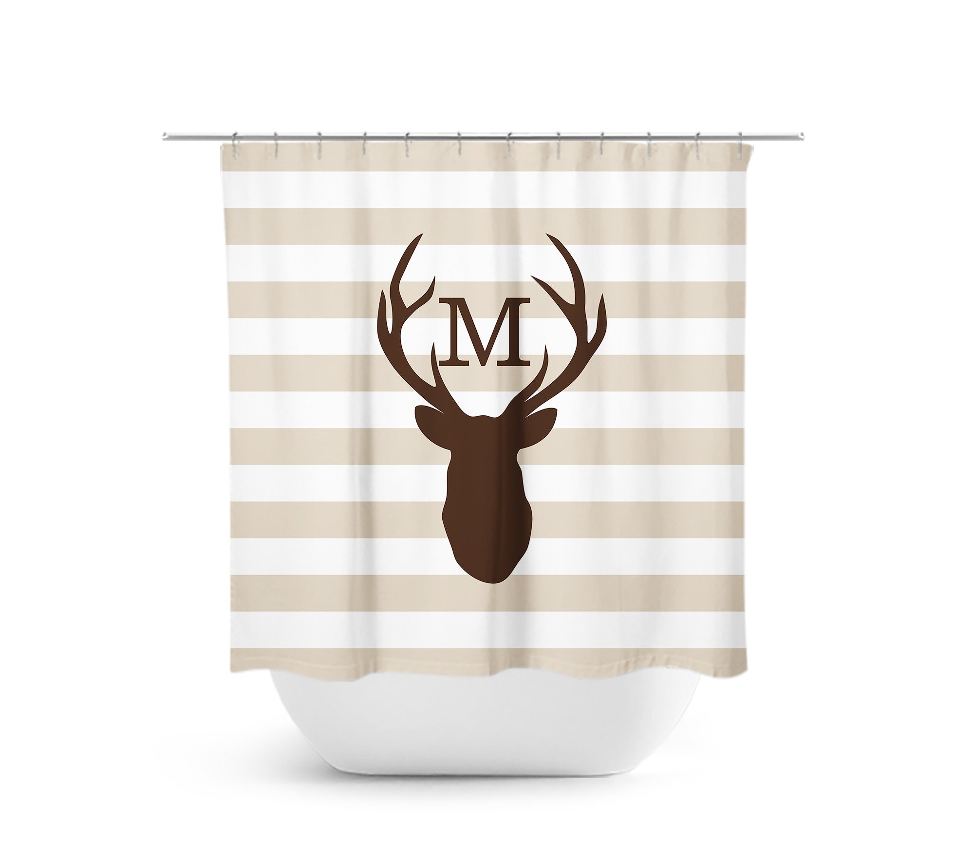 Brown Stripe Monogram Shower Curtain, Deer Head Antler Bathtub Curtain, Woodland Bathroom, Brown Bathroom Decor