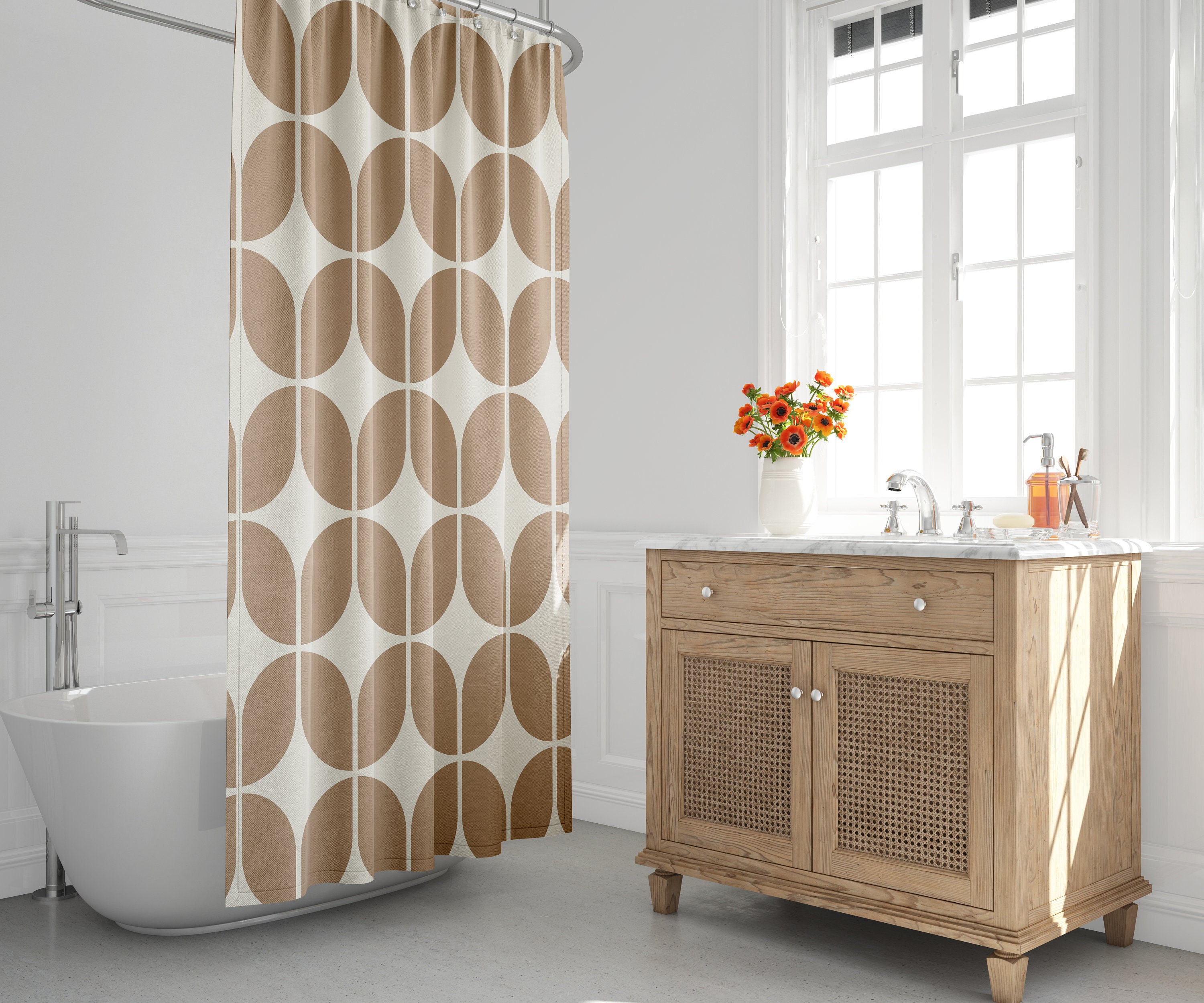 Brown and Beige Minimalist Abstract Geometric Shower Curtain - Retro Bath Decor for the 1970s