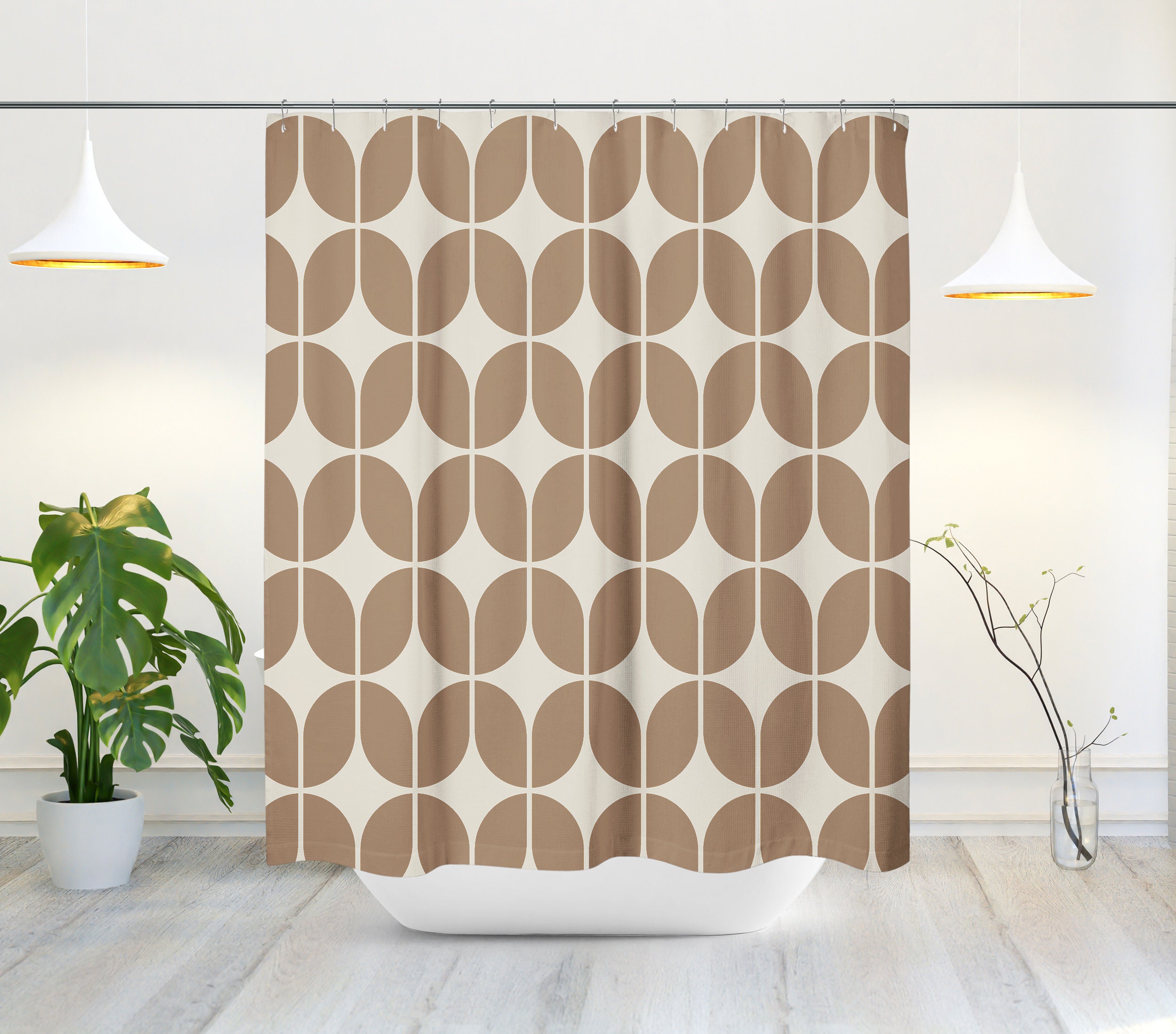 Brown and Beige Minimalist Abstract Geometric Shower Curtain - Retro Bath Decor for the 1970s - Image 2