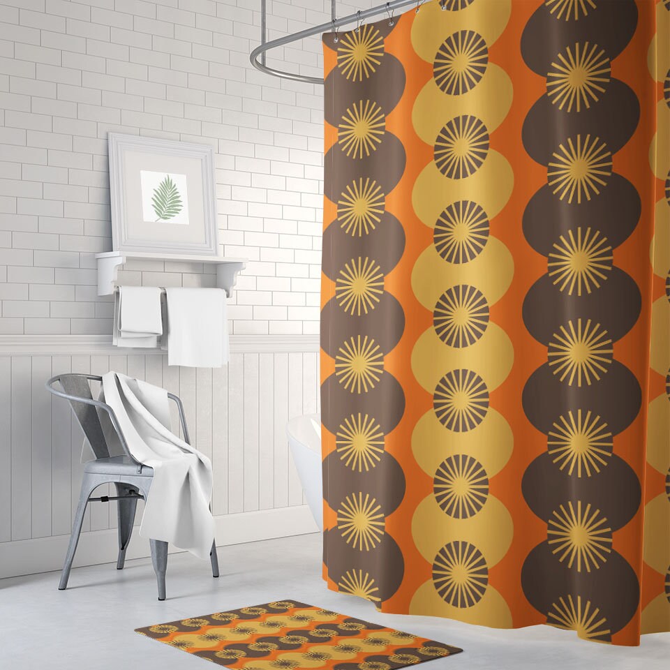 Brown and Orange Retro Shower Curtain for Mid Century Modern Bath