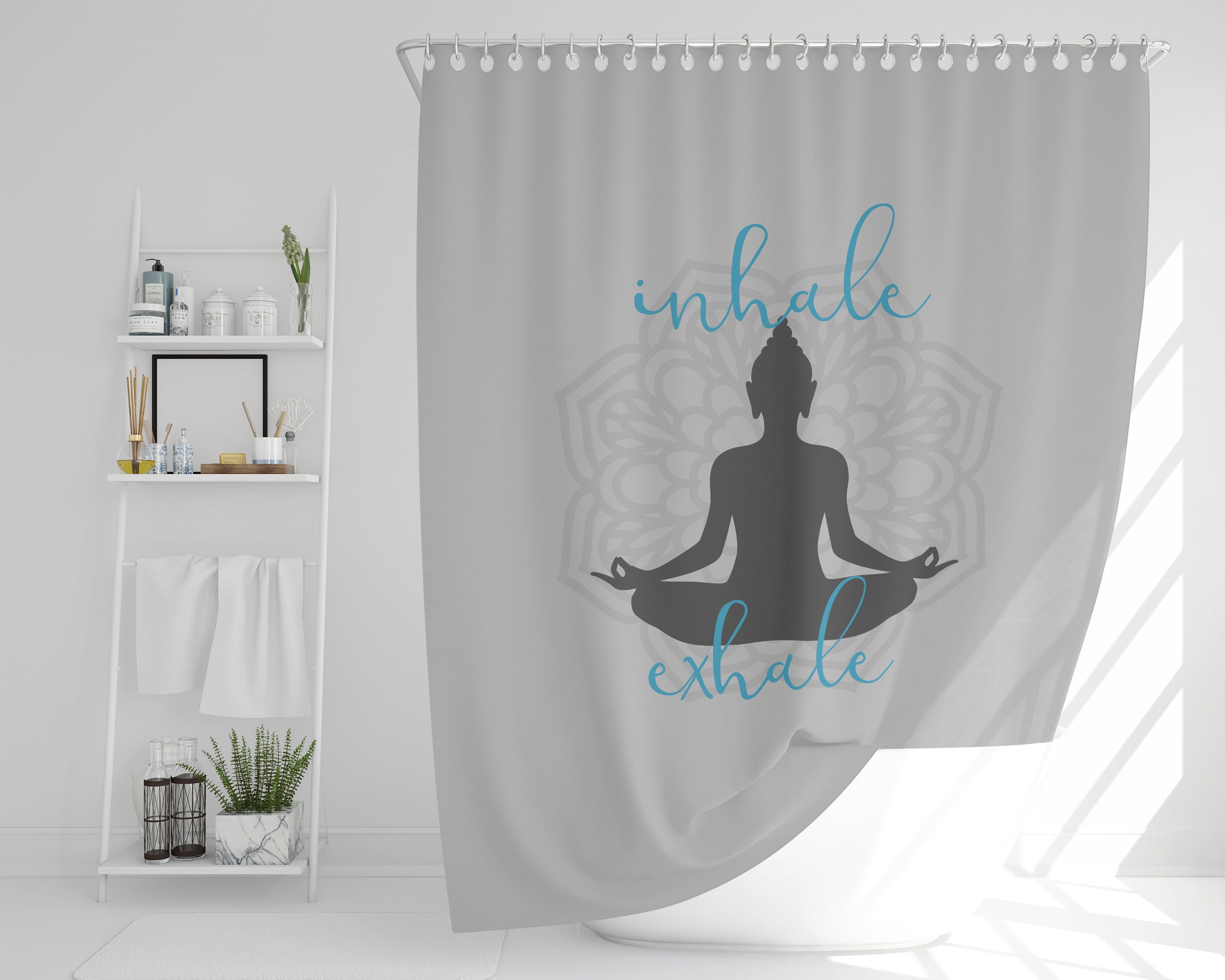 Buddha Yoga Shower Curtain, Inhale Exhale Mandala Sukhasana Pose Silhouette Bath Decor, Yoga Lover Housewarming Gift