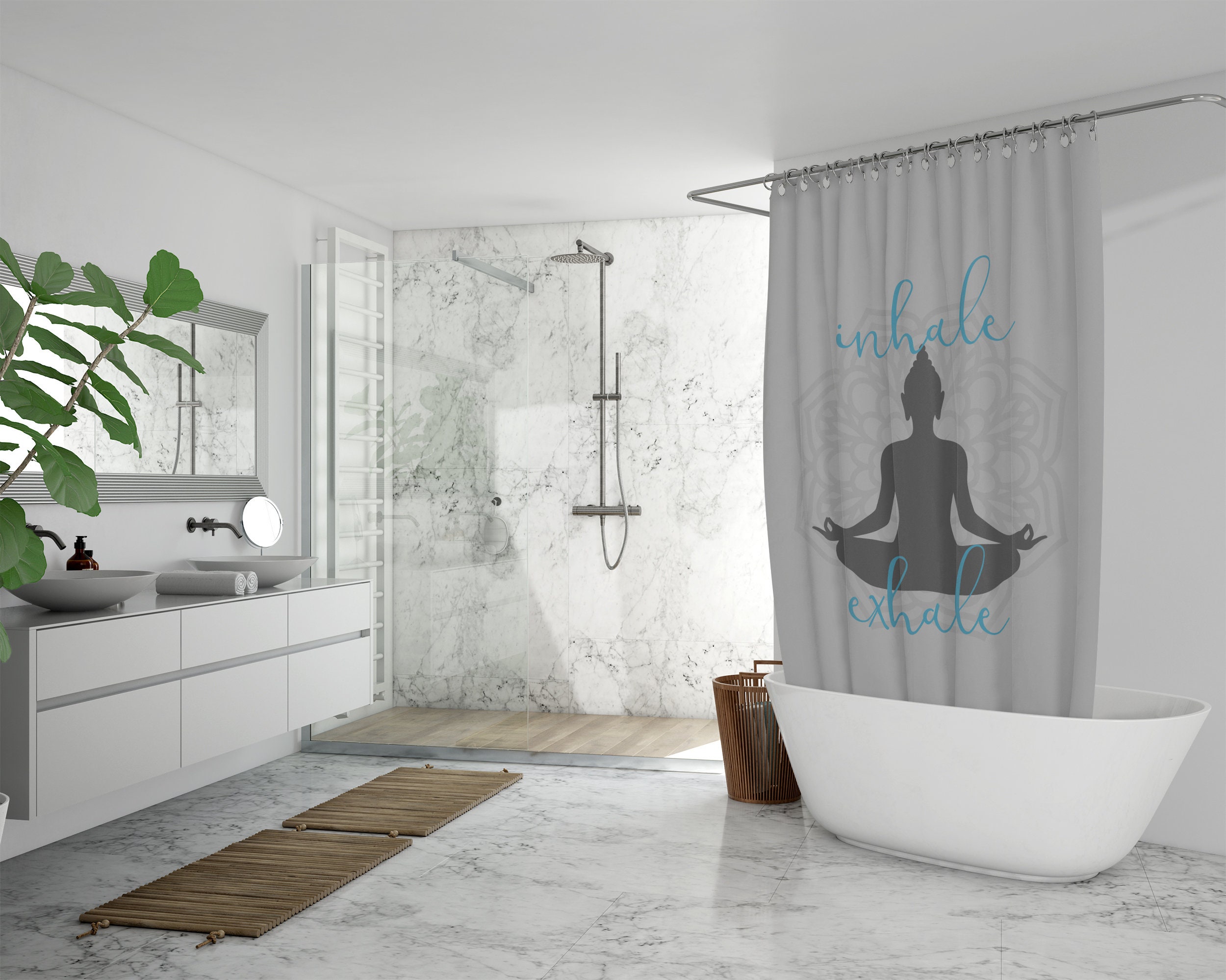 Buddha Yoga Shower Curtain, Inhale Exhale Mandala Sukhasana Pose Silhouette Bath Decor, Yoga Lover Housewarming Gift - Image 3