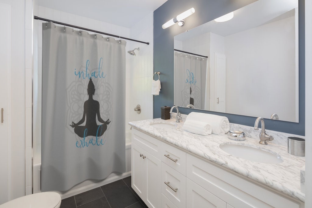 Buddha Yoga Shower Curtain, Inhale Exhale Mandala Sukhasana Pose Silhouette Bath Decor, Yoga Lover Housewarming Gift - Image 4