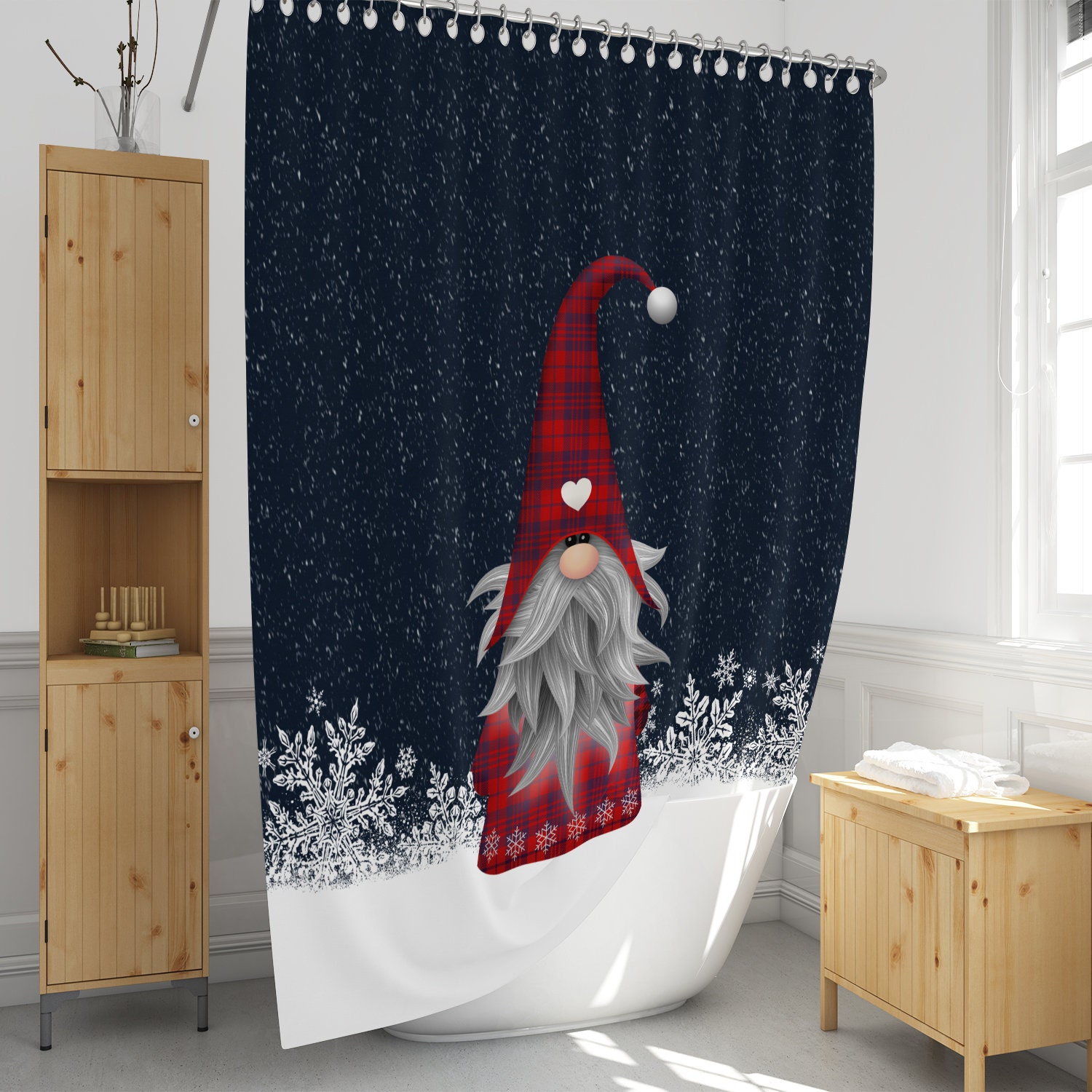 Buffalo Plaid Gnome Holiday Shower Curtain Set with Christmas Bath Mat