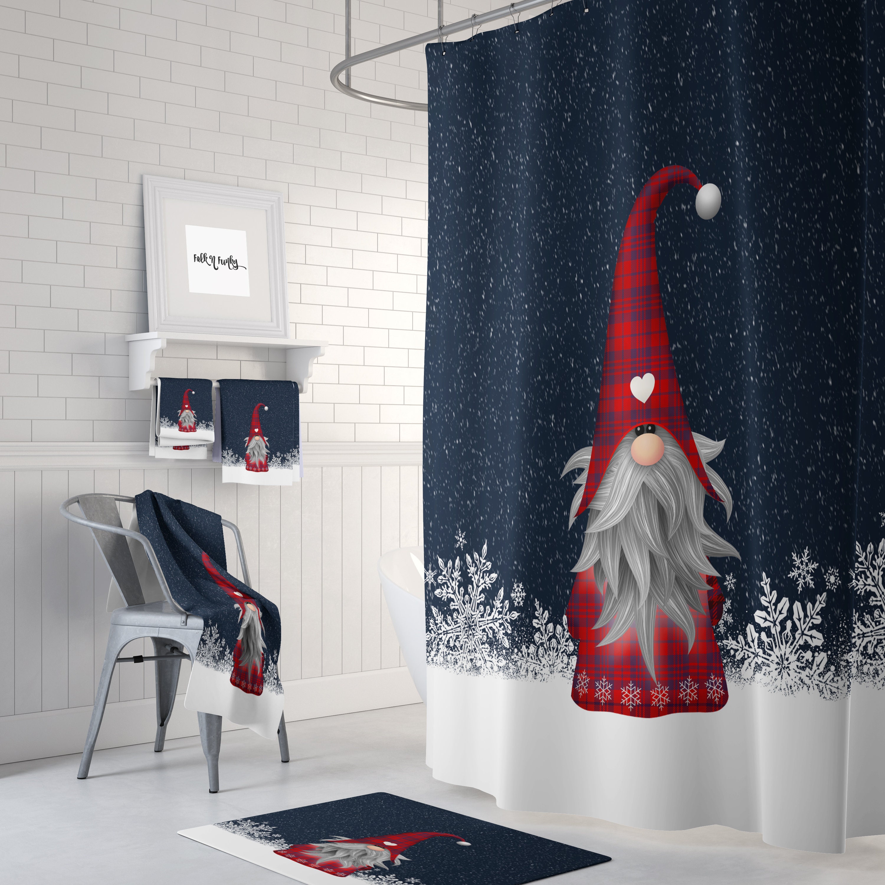 Buffalo Plaid Gnome Holiday Shower Curtain Set with Christmas Bath Mat - Image 2