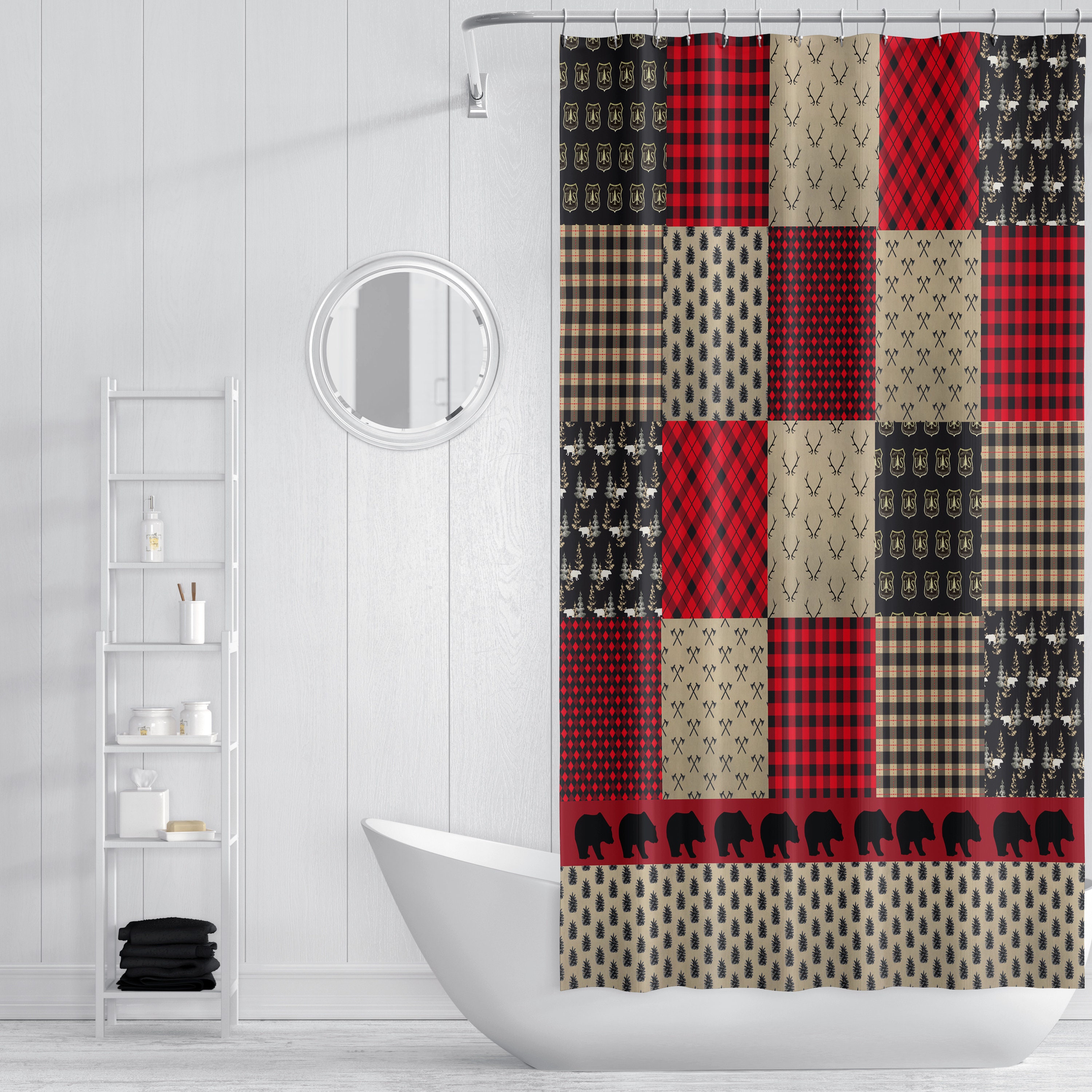 Buffalo Plaid Woodland Shower Curtain Set with Rustic Bathroom Decor - Image 2