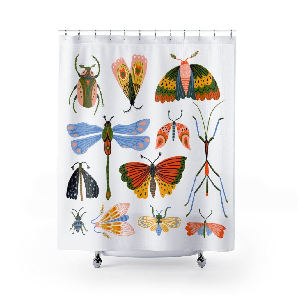 Bug Lover Watercolor Art Shower Curtain | Dragonfly Insect Moths Butterfly Curtain