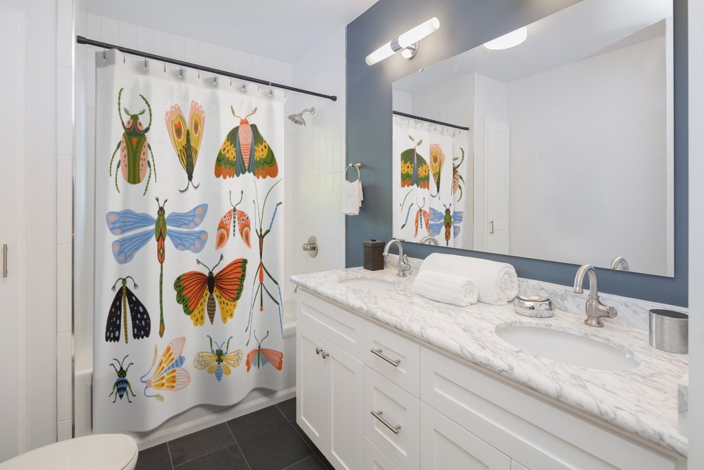 Bug Lover Watercolor Art Shower Curtain | Dragonfly Insect Moths Butterfly Curtain - Image 2