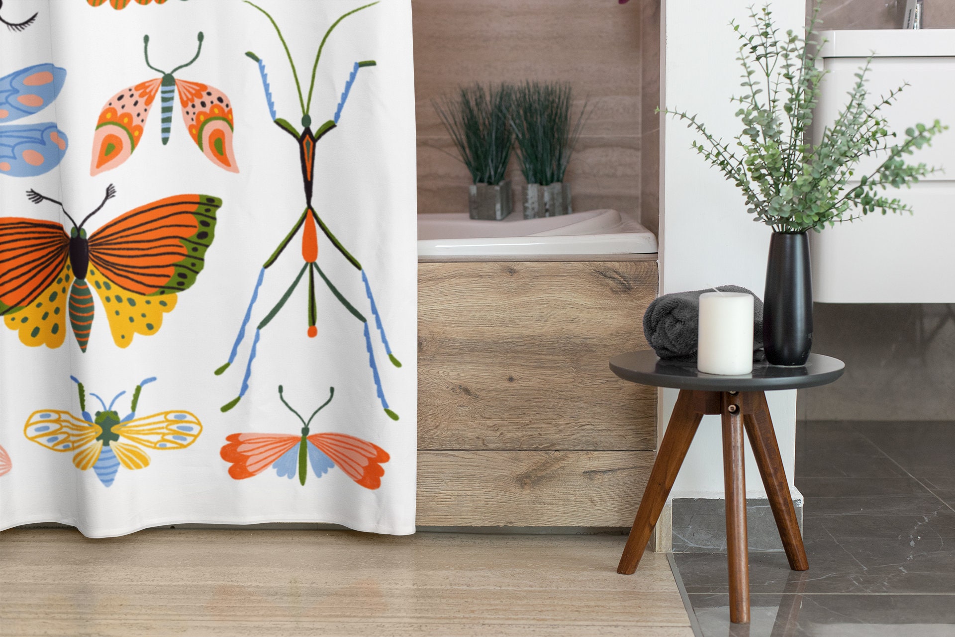 Bug Lover Watercolor Art Shower Curtain | Dragonfly Insect Moths Butterfly Curtain - Image 4