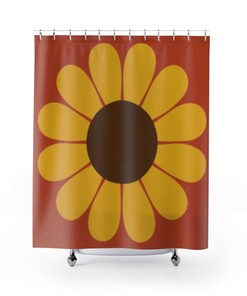 Burnt Orange Gold and Brown Retro Floral Boho Shower Curtain, Sunflower Bathroom Accessory for Flower Lovers