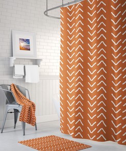 Burnt Orange Mudcloth Shower Curtain, Modern Boho Bath Decor, Rustic Bathroom Style