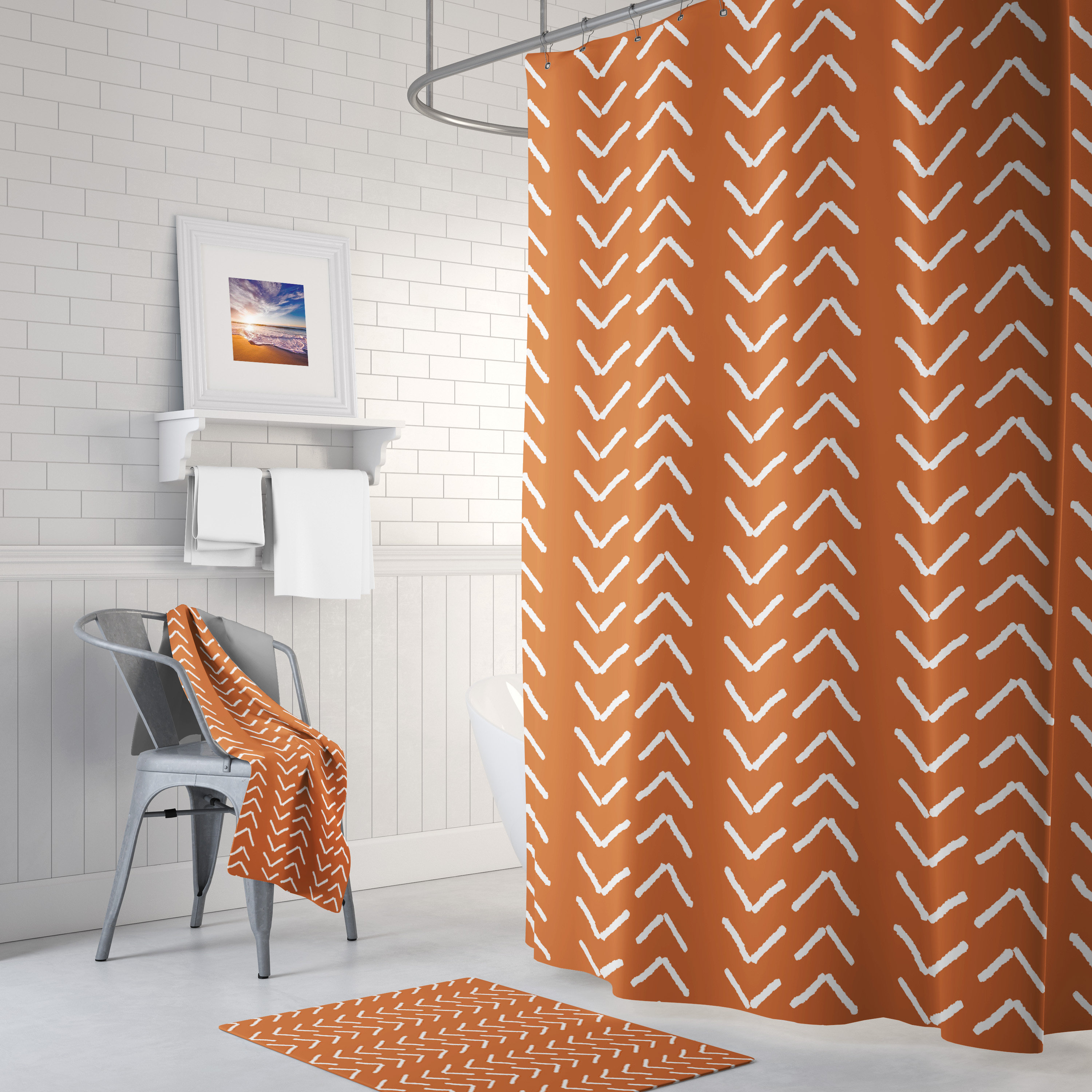Burnt Orange Mudcloth Shower Curtain, Modern Boho Bath Decor, Rustic Bathroom Style