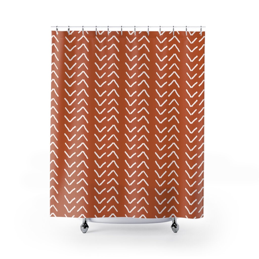 Burnt Orange Mudcloth Shower Curtain, Modern Boho Bath Decor, Rustic Bathroom Style - Image 2